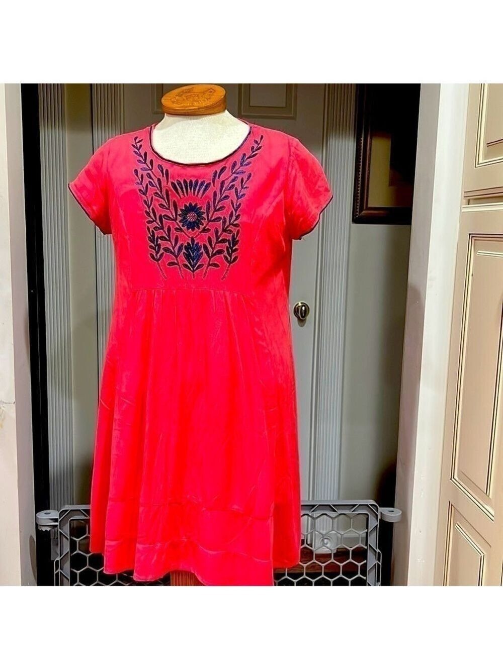 Alya dress in coral with teal floral embroidery like new